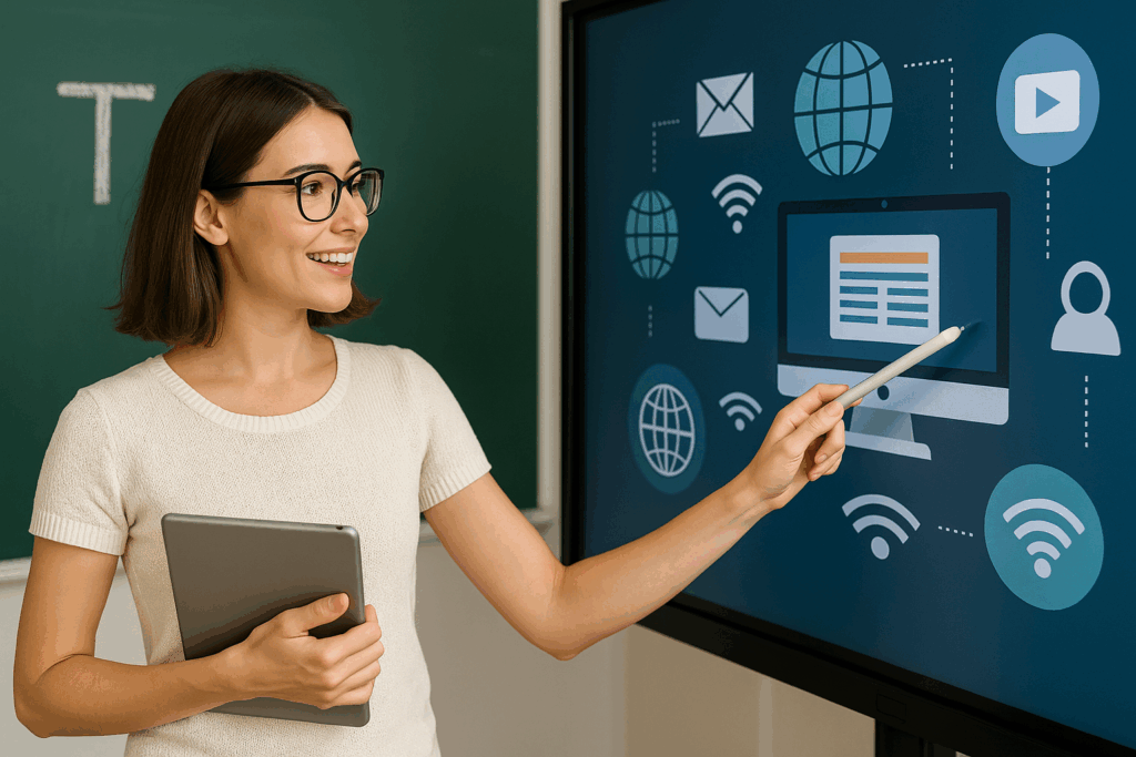 Docente joven utilizando una pizarra digital interactiva con íconos tecnológicos mientras sostiene una tableta en un aula moderna.