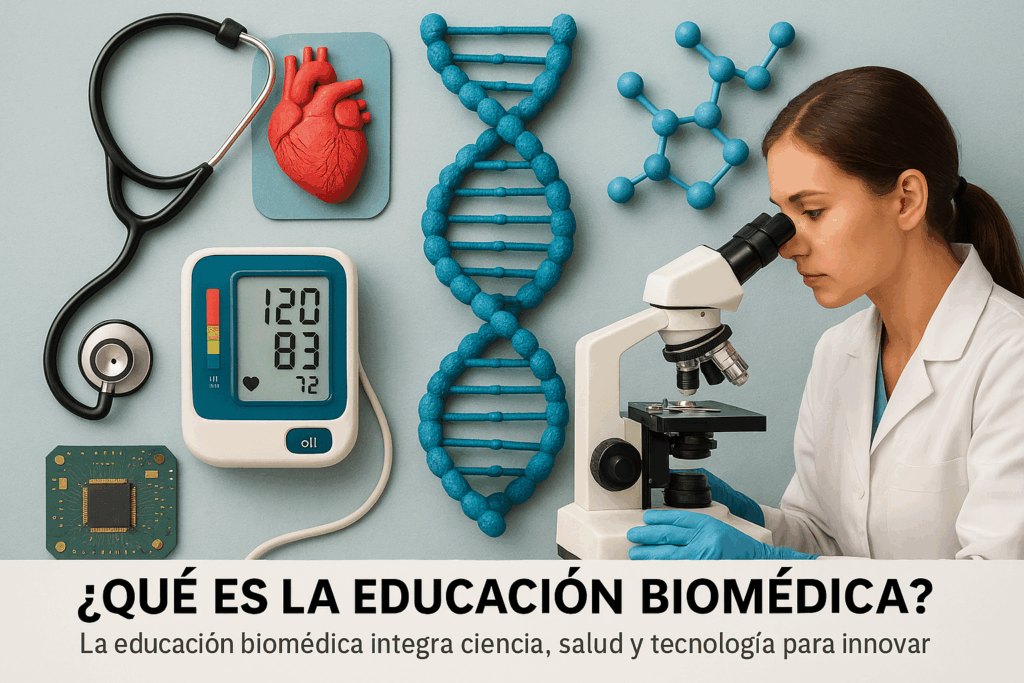 Científica observando por un microscopio junto a elementos visuales de ADN, corazón, estetoscopio, chip electrónico y tensiómetro, representando la integración entre salud, ciencia y tecnología.