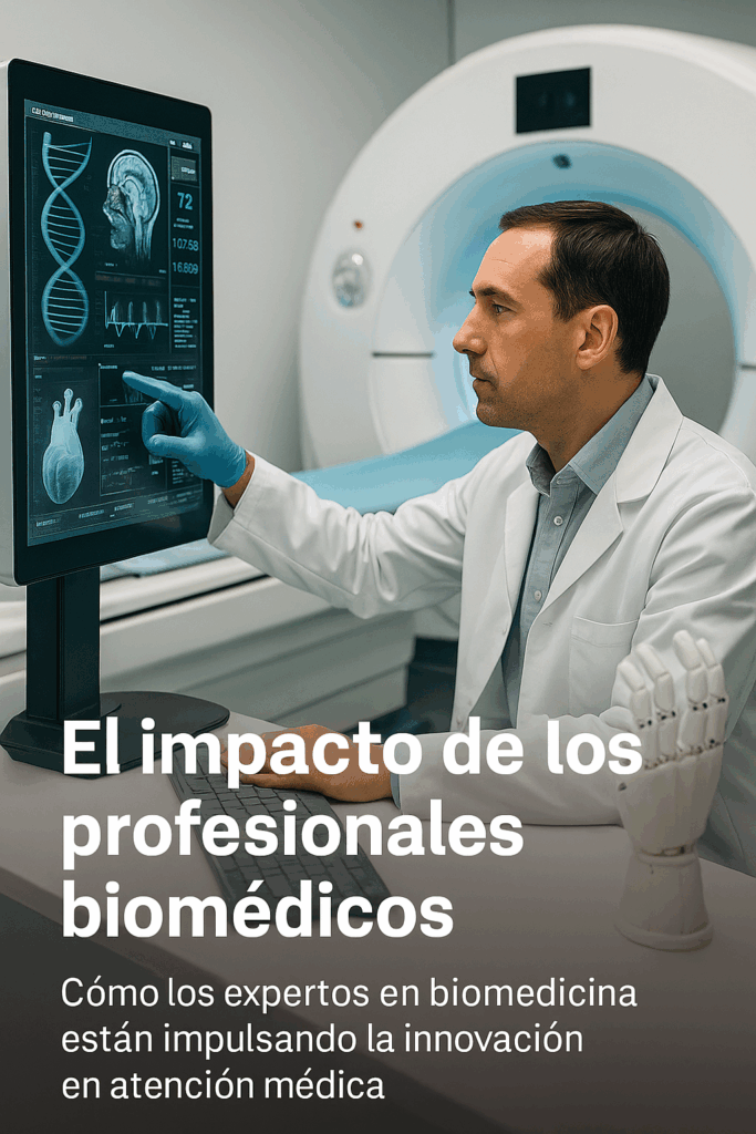 Profesional biomédico con bata blanca interactuando con una pantalla médica digital junto a una máquina de resonancia magnética y una prótesis robótica.
