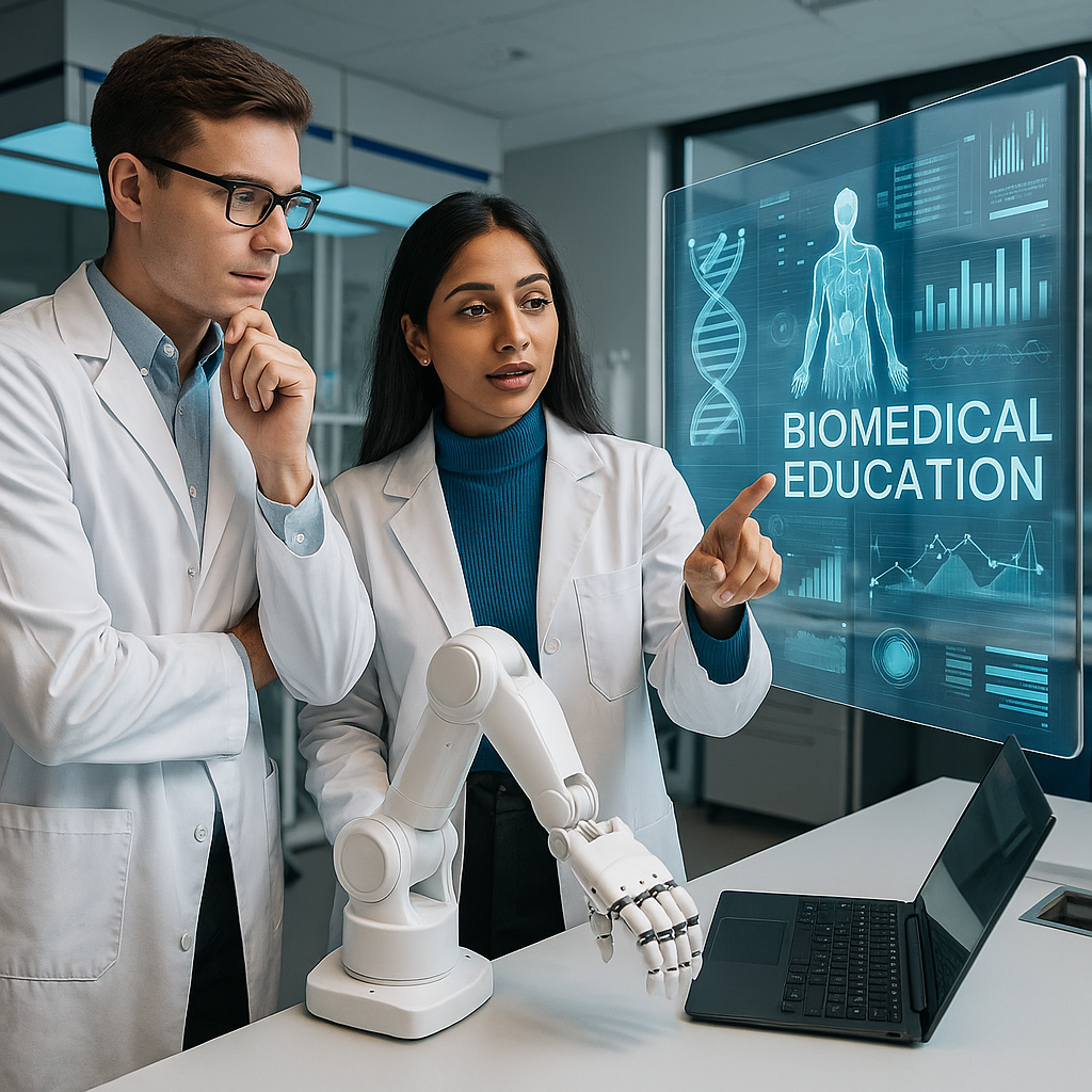 Dos científicos biomédicos analizando una pantalla digital con datos médicos y un robot colaborativo, en un laboratorio futurista iluminado.