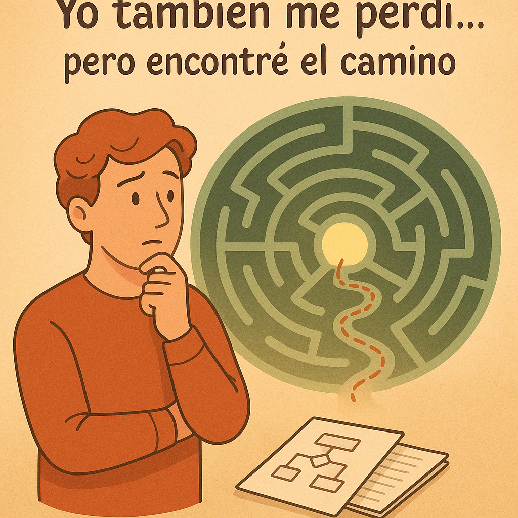 Joven reflexivo frente a un laberinto con un camino marcado hacia la salida, simbolizando el proceso metodológico superado.