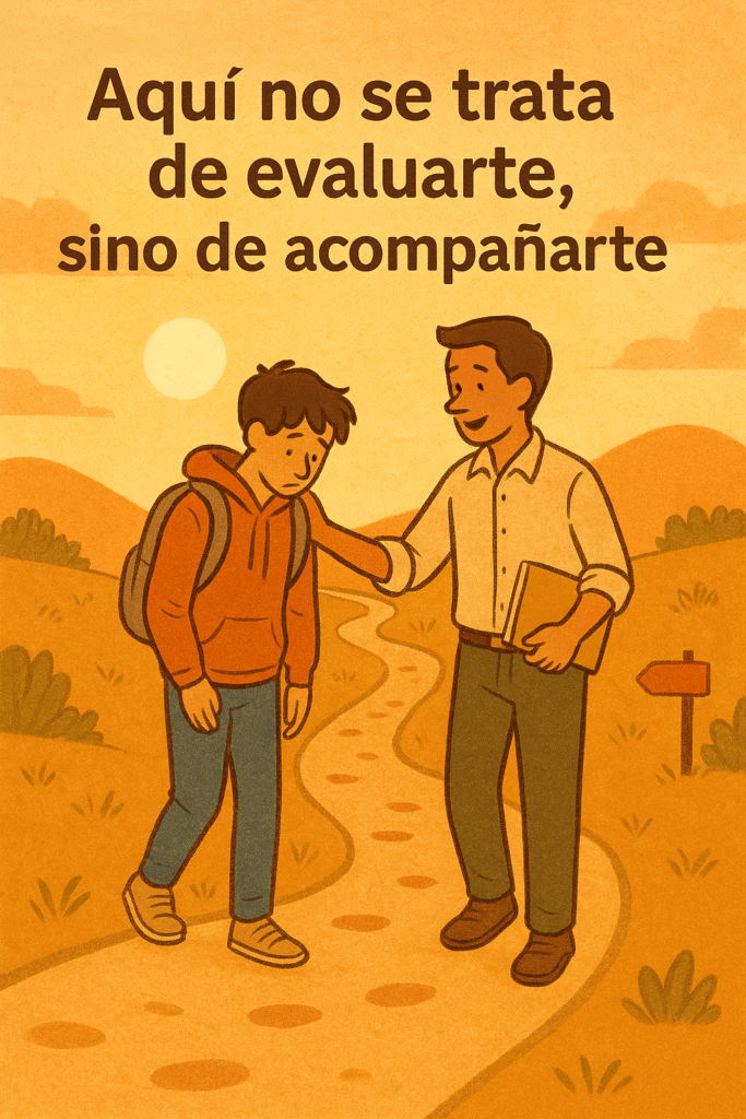 Persona joven agotada siendo acompañada con empatía por otra mientras caminan por un sendero al atardecer.