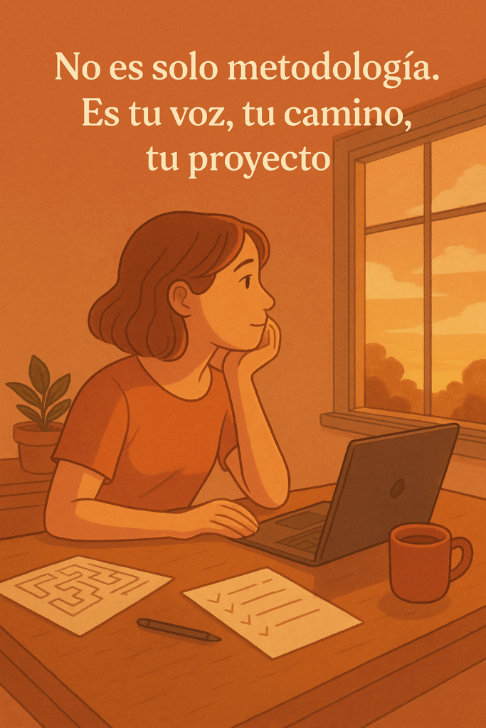 Joven mirando el atardecer desde su escritorio, con expresión tranquila, frente a su laptop y papeles con avances visibles de su proyecto.