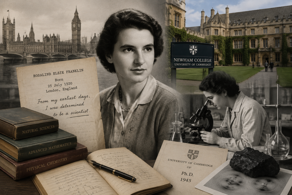 Collage ilustrativo de Rosalind Franklin durante sus años de formación académica en Londres y Cambridge, rodeada de libros de ciencias, documentos universitarios y elementos de laboratorio relacionados con química física y cristalografía.
