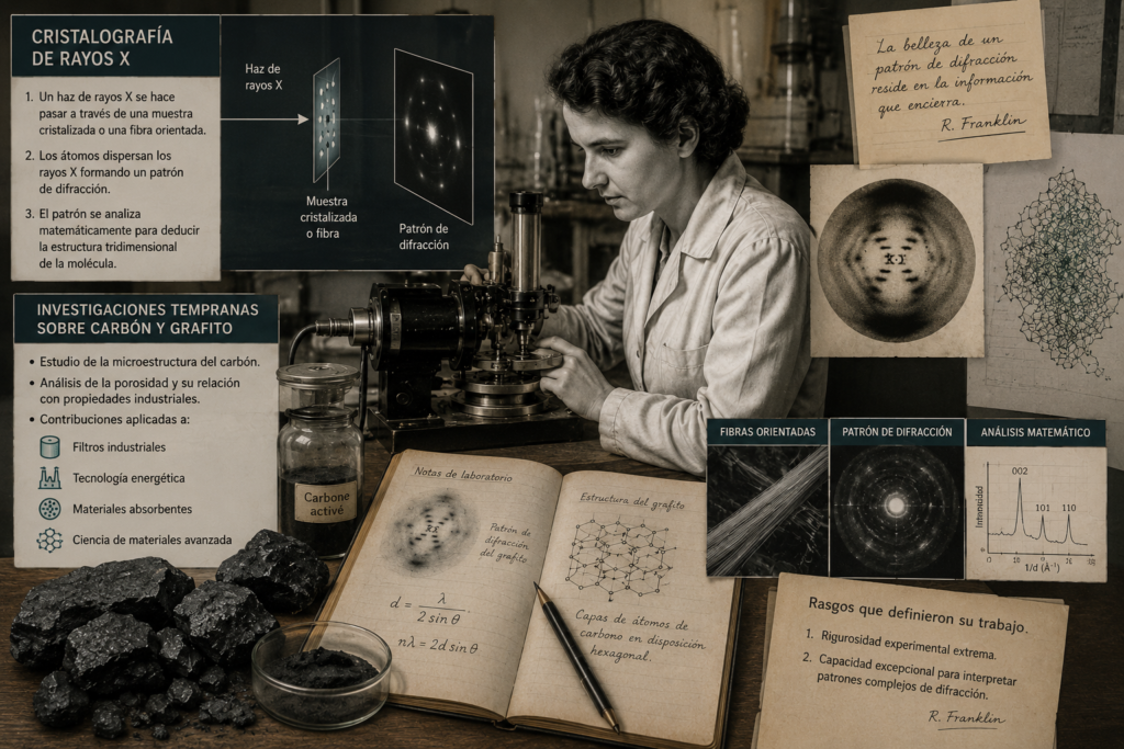 lustración científica de Rosalind Franklin trabajando con equipos de cristalografía de rayos X, rodeada de patrones de difracción, diagramas moleculares y muestras de carbón y grafito en un laboratorio de mediados del siglo XX.