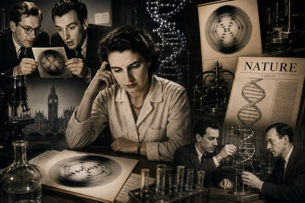 Ilustración histórica y cinematográfica de Rosalind Franklin rodeada de imágenes de difracción de rayos X del ADN, mientras James Watson y Francis Crick observan la Fotografía 51 y construyen el modelo de doble hélice junto a una portada de la revista Nature de 1953.
