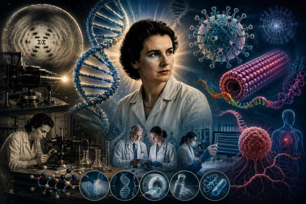 Ilustración científica de Rosalind Franklin rodeada por estructuras de ADN, virus, equipos de laboratorio y escenas de medicina molecular moderna, representando el impacto de sus investigaciones en genética, virología y biomedicina.