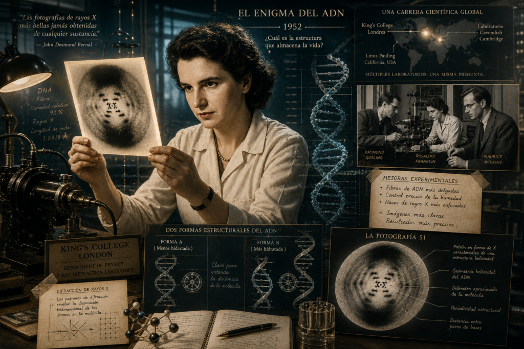 Ilustración editorial de Rosalind Franklin en el laboratorio del King’s College London examinando una imagen de difracción de rayos X del ADN, rodeada de esquemas moleculares, modelos de doble hélice y referencias a la Fotografía 51.