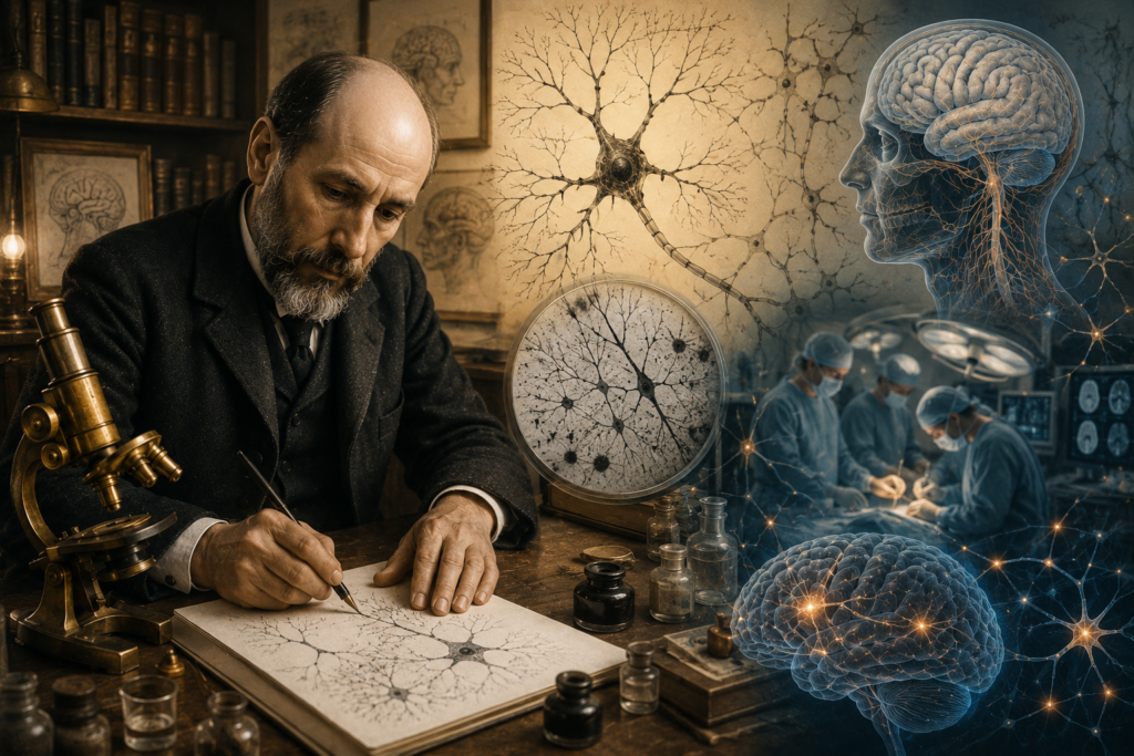 Ilustración de Santiago Ramón y Cajal dibujando neuronas junto a un microscopio, conectada visualmente con el cerebro, las redes neuronales y la neurociencia médica moderna.