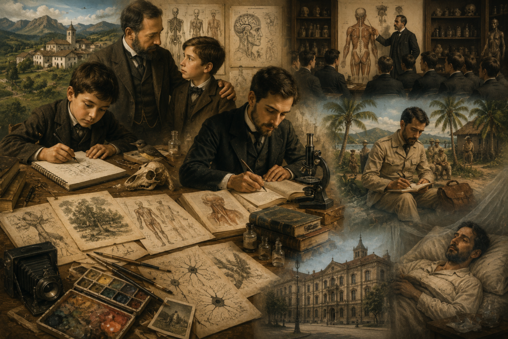 Ilustración de los primeros años de Santiago Ramón y Cajal, desde su interés juvenil por el dibujo y la naturaleza hasta su formación médica en Zaragoza y su experiencia como médico militar en Cuba.
