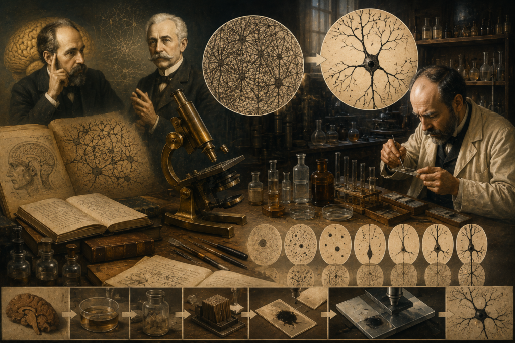 Ilustración histórica sobre la evolución del estudio microscópico del sistema nervioso, desde la teoría reticular y la técnica de Golgi hasta la observación detallada de neuronas individuales por Santiago Ramón y Cajal.