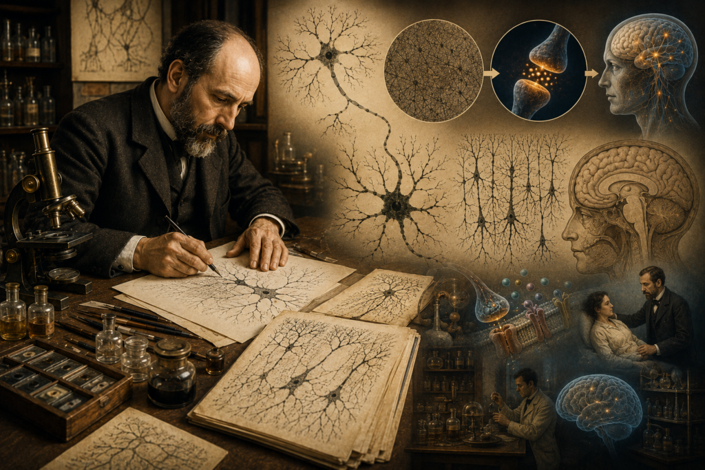 Santiago Ramón y Cajal dibujando neuronas junto a un microscopio, acompañado de representaciones de células nerviosas, sinapsis y circuitos cerebrales que ilustran la doctrina neuronal.