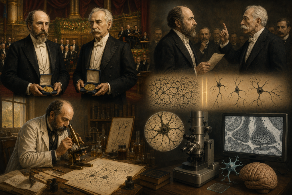 Ilustración de Santiago Ramón y Cajal y Camillo Golgi durante el Premio Nobel de 1906 y su debate científico, junto con neuronas, microscopios y una representación moderna de la sinapsis.