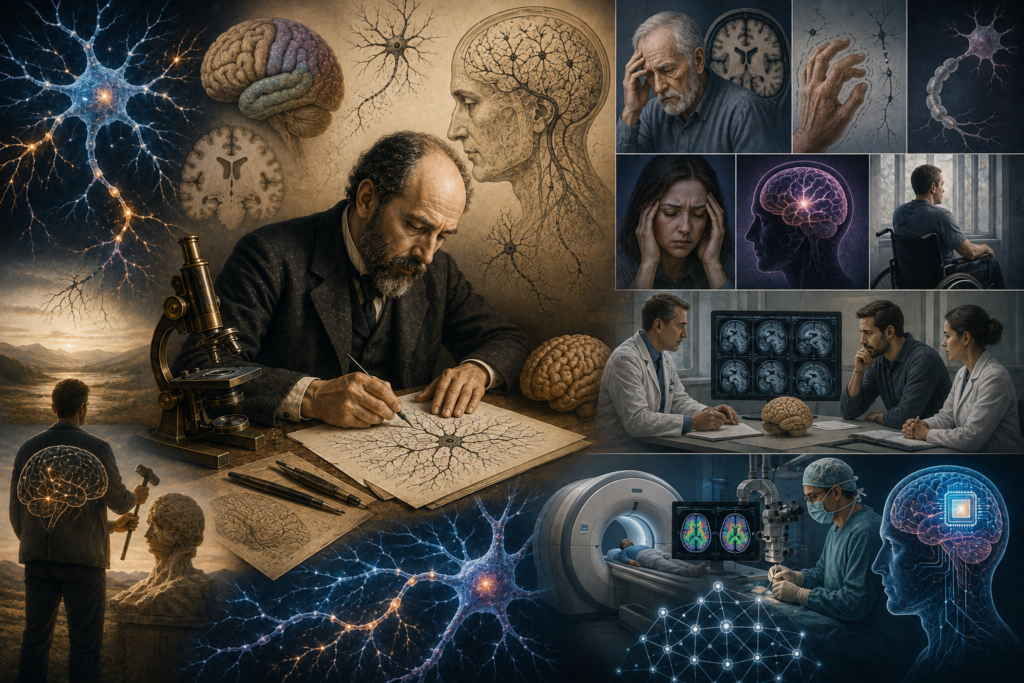 Ilustración del legado de Santiago Ramón y Cajal en la Medicina moderna, con neuronas, cerebro, neuroimagen, neurología clínica, neurocirugía e interfaces cerebro-computadora.
