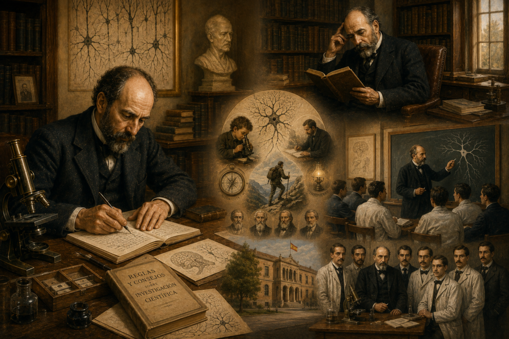 Ilustración de Santiago Ramón y Cajal como escritor, maestro y científico, rodeado de libros, dibujos neuronales, un microscopio y jóvenes investigadores de la Escuela Neurológica Española.