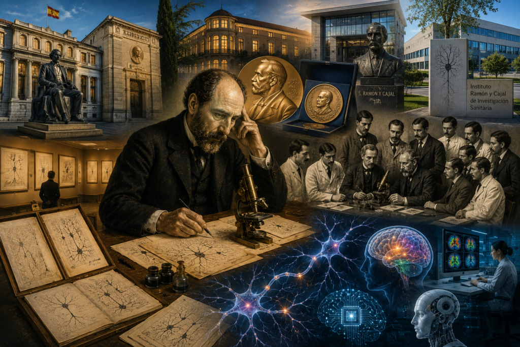 Ilustración del legado de Santiago Ramón y Cajal, desde sus dibujos de neuronas y la microscopía hasta la neurociencia, la neuroimagen y la investigación biomédica moderna.