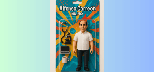 Figura de acción personalizada del Dr. Alfonso Carreón con accesorios médicos y educativos como estetoscopio, microscopio, laptop y taza de café.