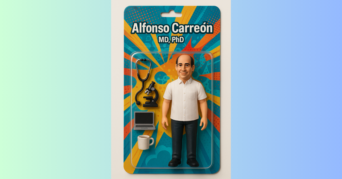 Figura de acción personalizada del Dr. Alfonso Carreón con accesorios médicos y educativos como estetoscopio, microscopio, laptop y taza de café.