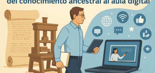 Ilustración dividida entre una imprenta antigua y un aula digital moderna, con un docente al centro que sostiene un libro y una tablet, simbolizando la evolución del conocimiento.