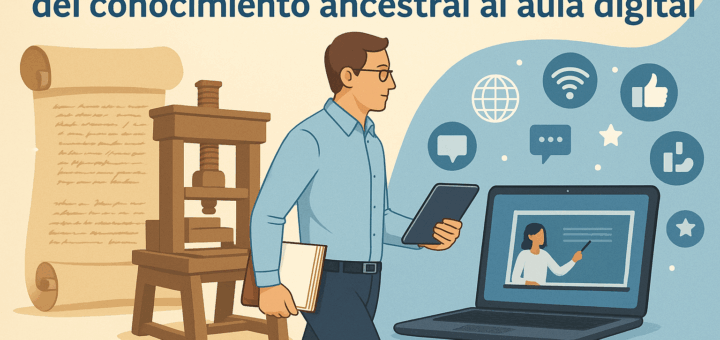 Ilustración dividida entre una imprenta antigua y un aula digital moderna, con un docente al centro que sostiene un libro y una tablet, simbolizando la evolución del conocimiento.