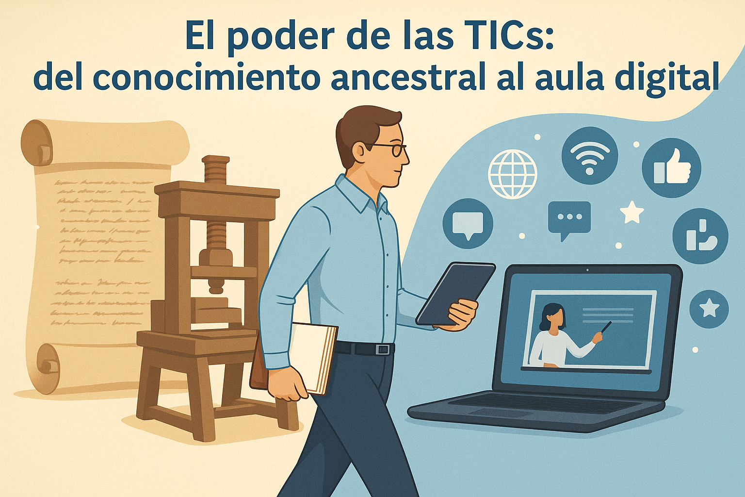 Ilustración dividida entre una imprenta antigua y un aula digital moderna, con un docente al centro que sostiene un libro y una tablet, simbolizando la evolución del conocimiento.