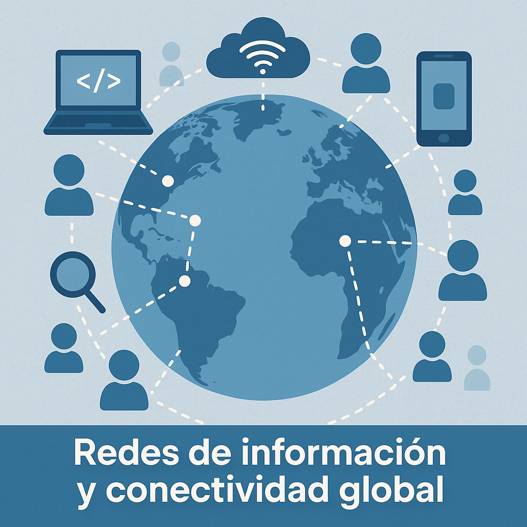 Ilustración de un planeta Tierra con nodos conectados representando redes digitales globales, incluyendo íconos de dispositivos tecnológicos y usuarios.