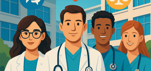 Ilustración de cuatro estudiantes de medicina frente a una escuela moderna, acompañados de íconos que representan habilidades como empatía, comunicación y ética profesional.