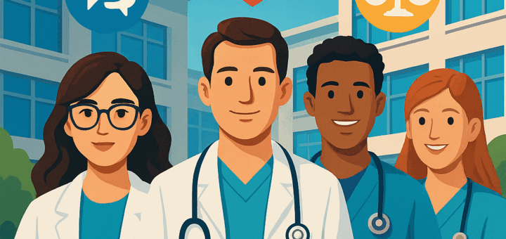 Ilustración de cuatro estudiantes de medicina frente a una escuela moderna, acompañados de íconos que representan habilidades como empatía, comunicación y ética profesional.