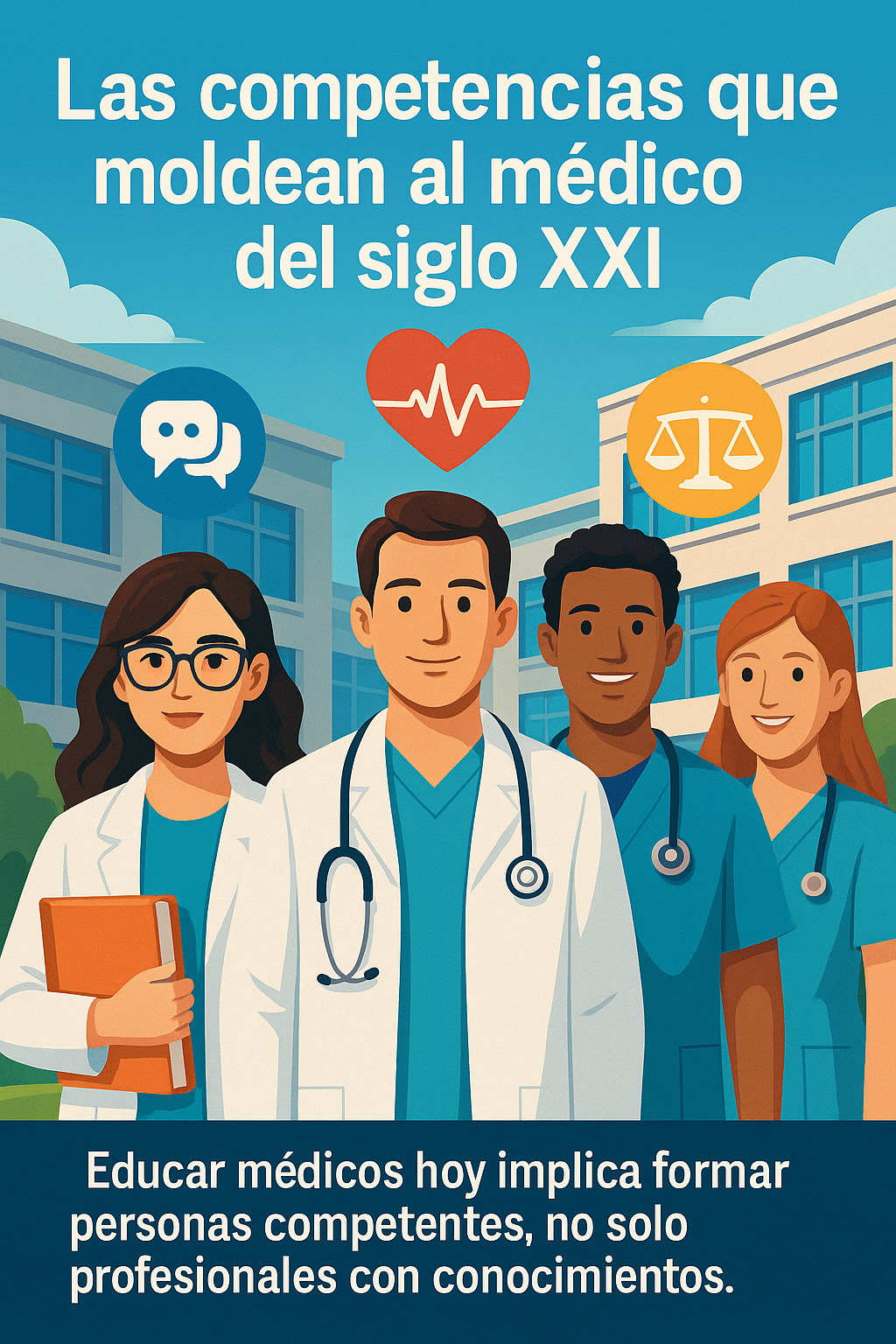 Ilustración de cuatro estudiantes de medicina frente a una escuela moderna, acompañados de íconos que representan habilidades como empatía, comunicación y ética profesional.