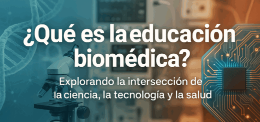 Banner horizontal con la frase “¿Qué es la educación biomédica?” sobre un fondo con imágenes de microscopio, ADN, chip electrónico y monitor médico.