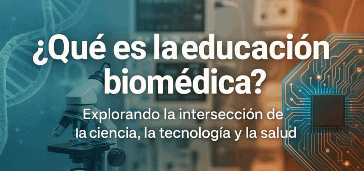 Banner horizontal con la frase “¿Qué es la educación biomédica?” sobre un fondo con imágenes de microscopio, ADN, chip electrónico y monitor médico.