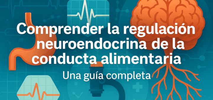 Banner horizontal con ilustraciones de cerebro, estómago, microscopio y gráficos médicos, acompañado del título “Comprender la regulación neuroendocrina de la conducta alimentaria. Una guía completa”.
