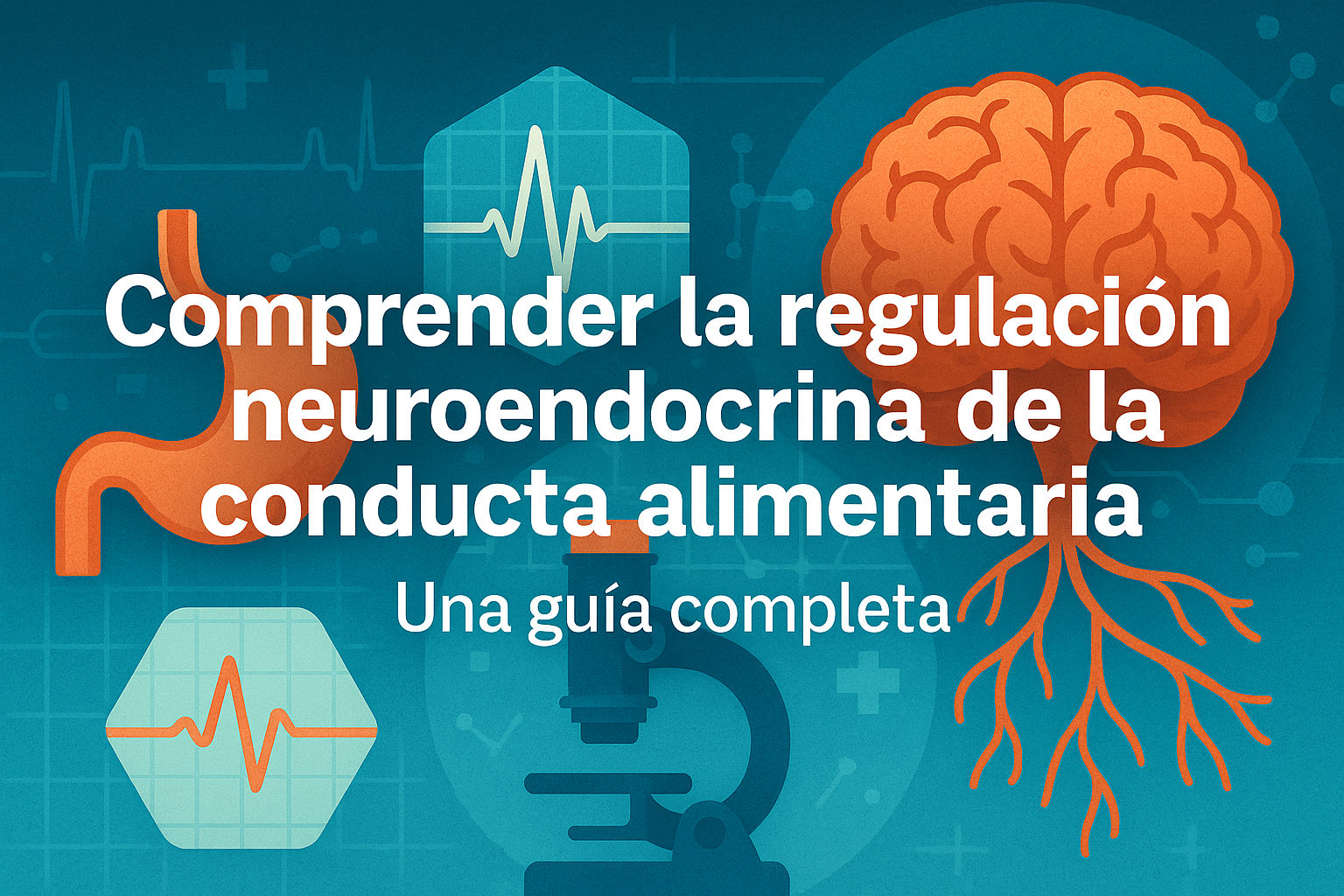 Banner horizontal con ilustraciones de cerebro, estómago, microscopio y gráficos médicos, acompañado del título “Comprender la regulación neuroendocrina de la conducta alimentaria. Una guía completa”.