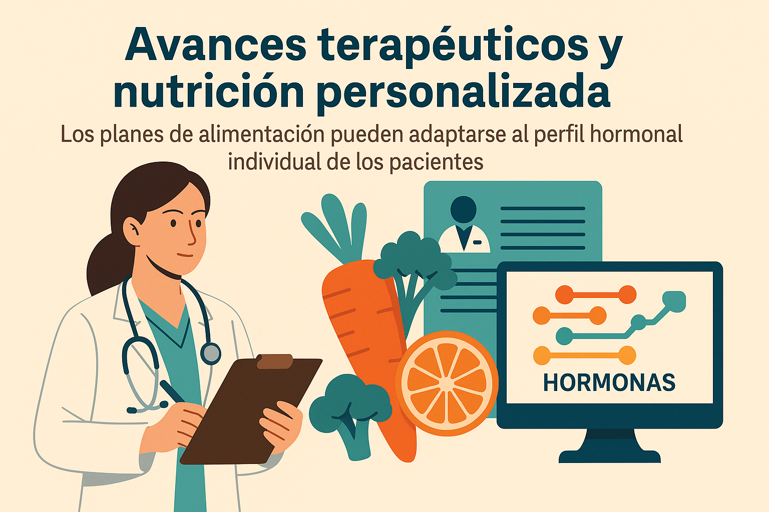 Ilustración médica de una doctora revisando un plan de alimentación personalizado basado en el perfil hormonal del paciente, con alimentos y gráficos de hormonas.