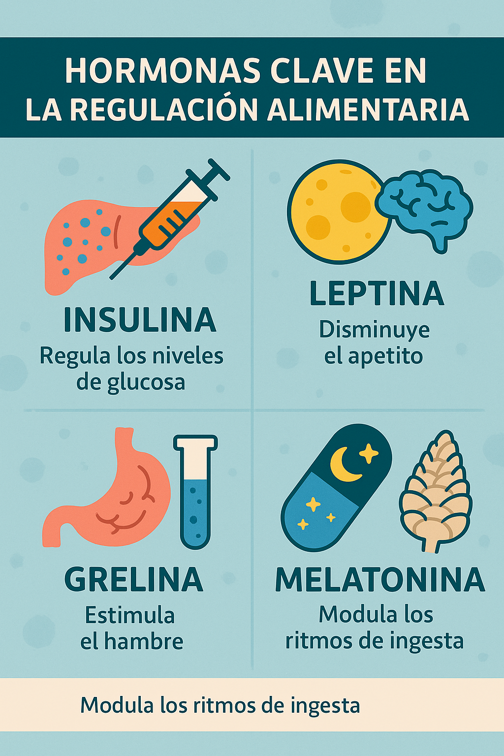 Infografía en español que representa las hormonas clave que regulan la conducta alimentaria: leptina, grelina, insulina y melatonina, con íconos y efectos principales.