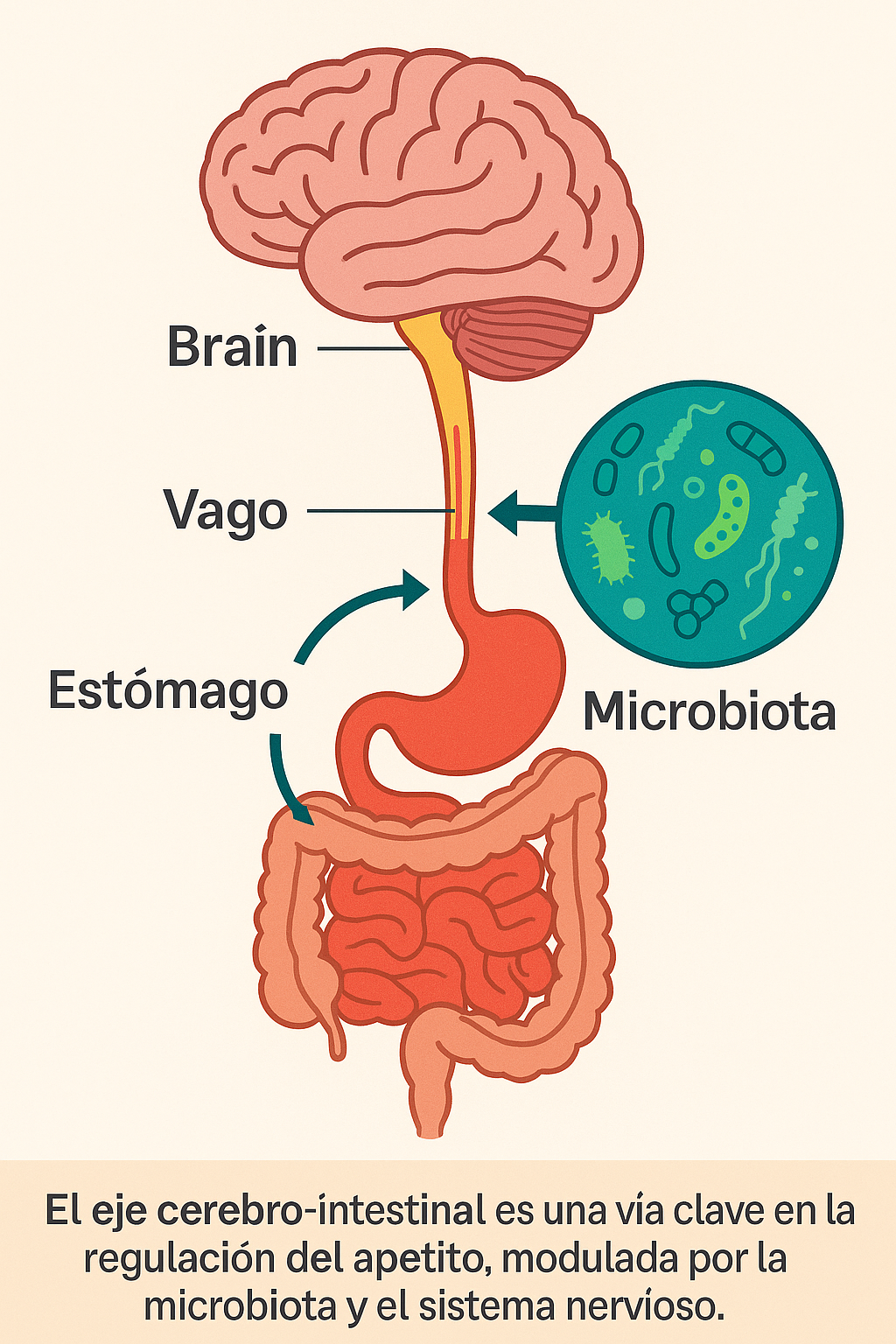 Ilustración médica que representa el eje cerebro-intestino, mostrando la conexión del sistema digestivo con el sistema nervioso central a través del nervio vago y la influencia de la microbiota intestinal.