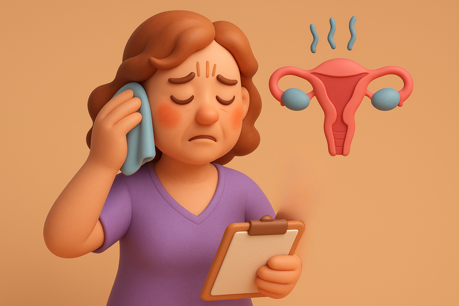 Mujer de mediana edad en estilo 3D tipo Pixar, con expresión de malestar, sujetando una cápsula y un portapapeles, mientras se seca el sudor con un pañuelo; al fondo, un útero estilizado emite ondas de calor, representando síntomas del síndrome climatérico.