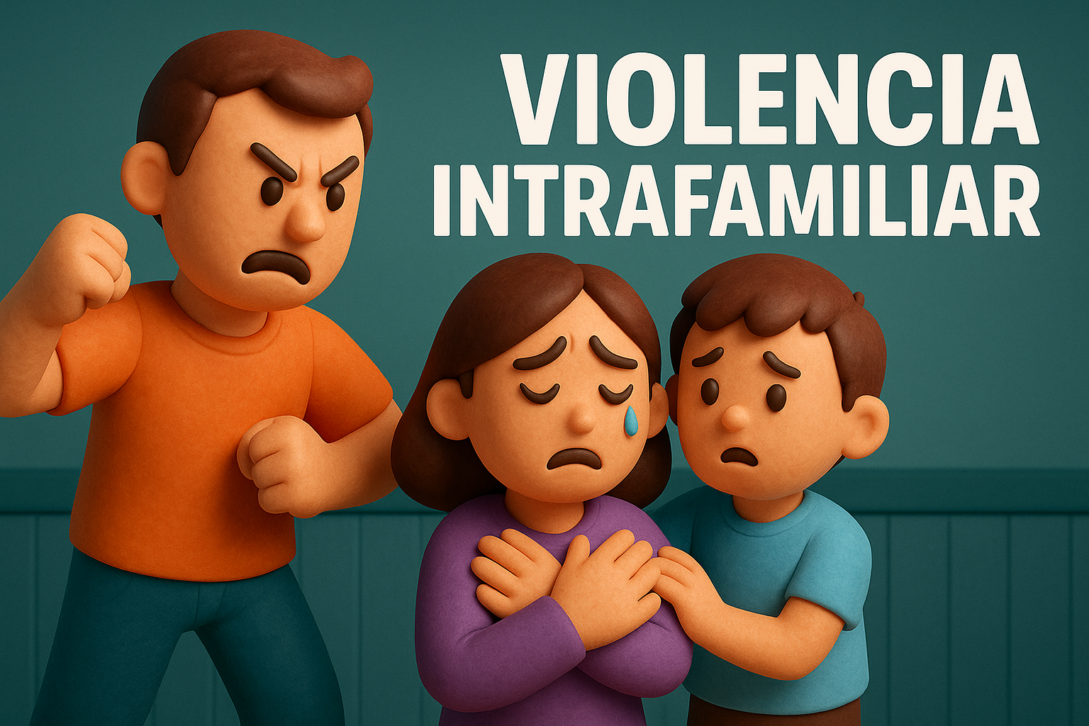 Ilustración digital educativa que representa la violencia intrafamiliar y sus consecuencias en el entorno familiar, con estilo 3D tipo arcilla y tonos suaves.