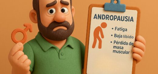 Ilustración 3D de un hombre de mediana edad con expresión preocupada, sosteniendo un símbolo masculino y un portapapeles que muestra los síntomas de la andropausia como fatiga, baja libido y pérdida de masa muscular.