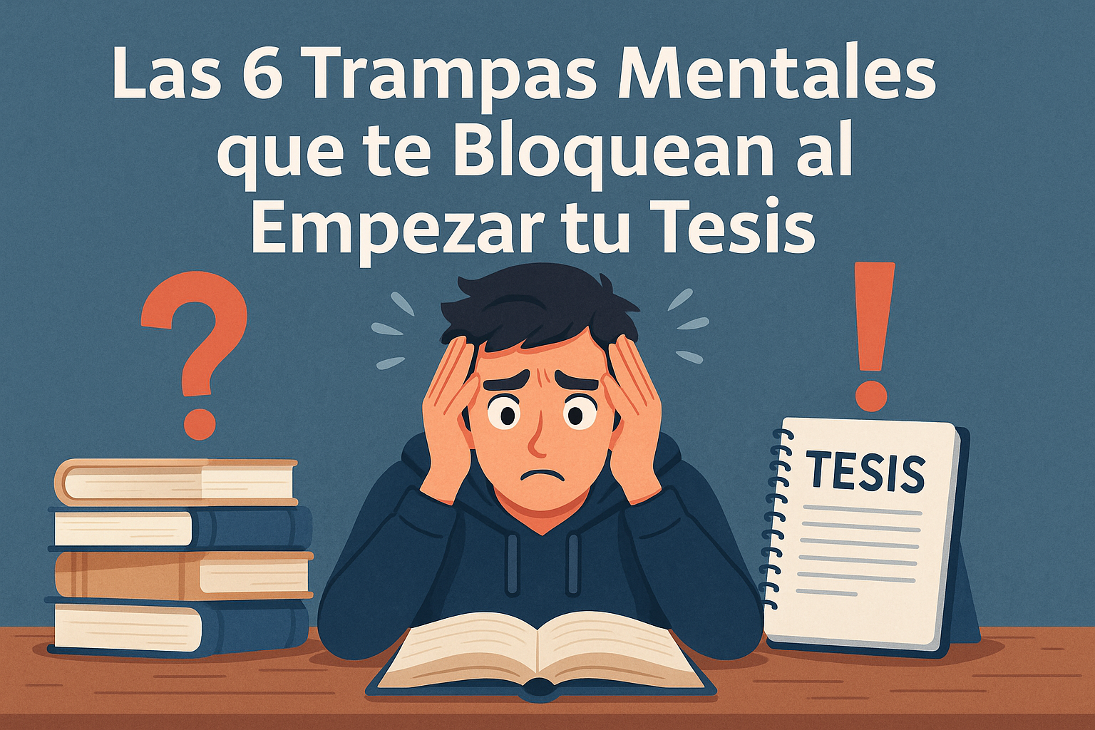 Estudiante con expresión de frustración rodeado de libros y una libreta titulada “Tesis”, representando bloqueos mentales al comenzar un trabajo académico.