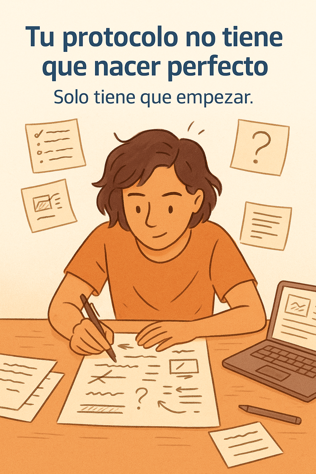 Persona escribiendo un borrador con notas, tachaduras y esquemas mientras desarrolla su protocolo de investigación.
