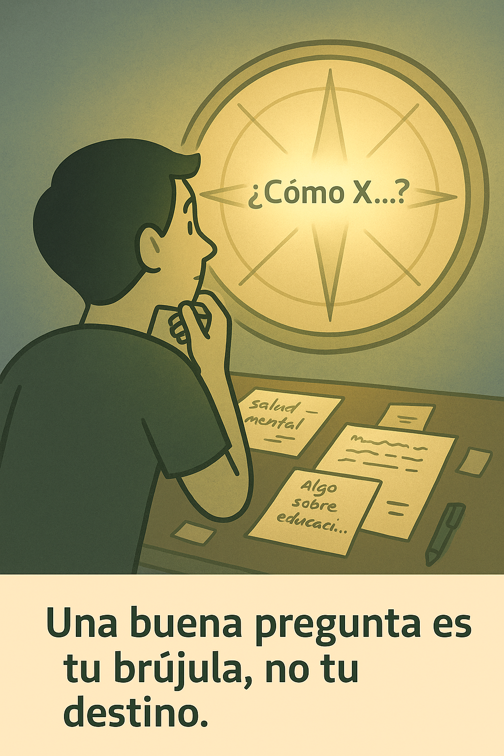 Estudiante observando una brújula brillante en la pared con la pregunta “¿Cómo X…?” mientras sobre la mesa hay notas dispersas como “salud mental” o “algo sobre educación”.