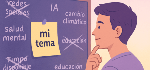 Estudiante pensativo frente a un pizarrón con temas tachados como “salud mental” o “cambio climático”, mientras destaca un papel con la frase “mi tema”.