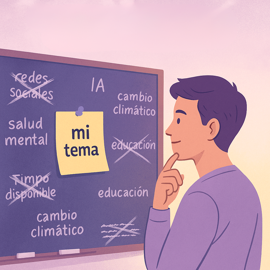 Estudiante pensativo frente a un pizarrón con temas tachados como “salud mental” o “cambio climático”, mientras destaca un papel con la frase “mi tema”.
