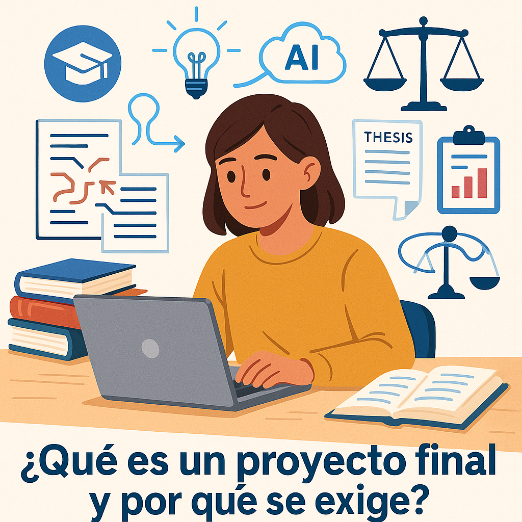Estudiante universitario redactando su proyecto final, rodeado de libros, computadora portátil, documentos y elementos académicos.