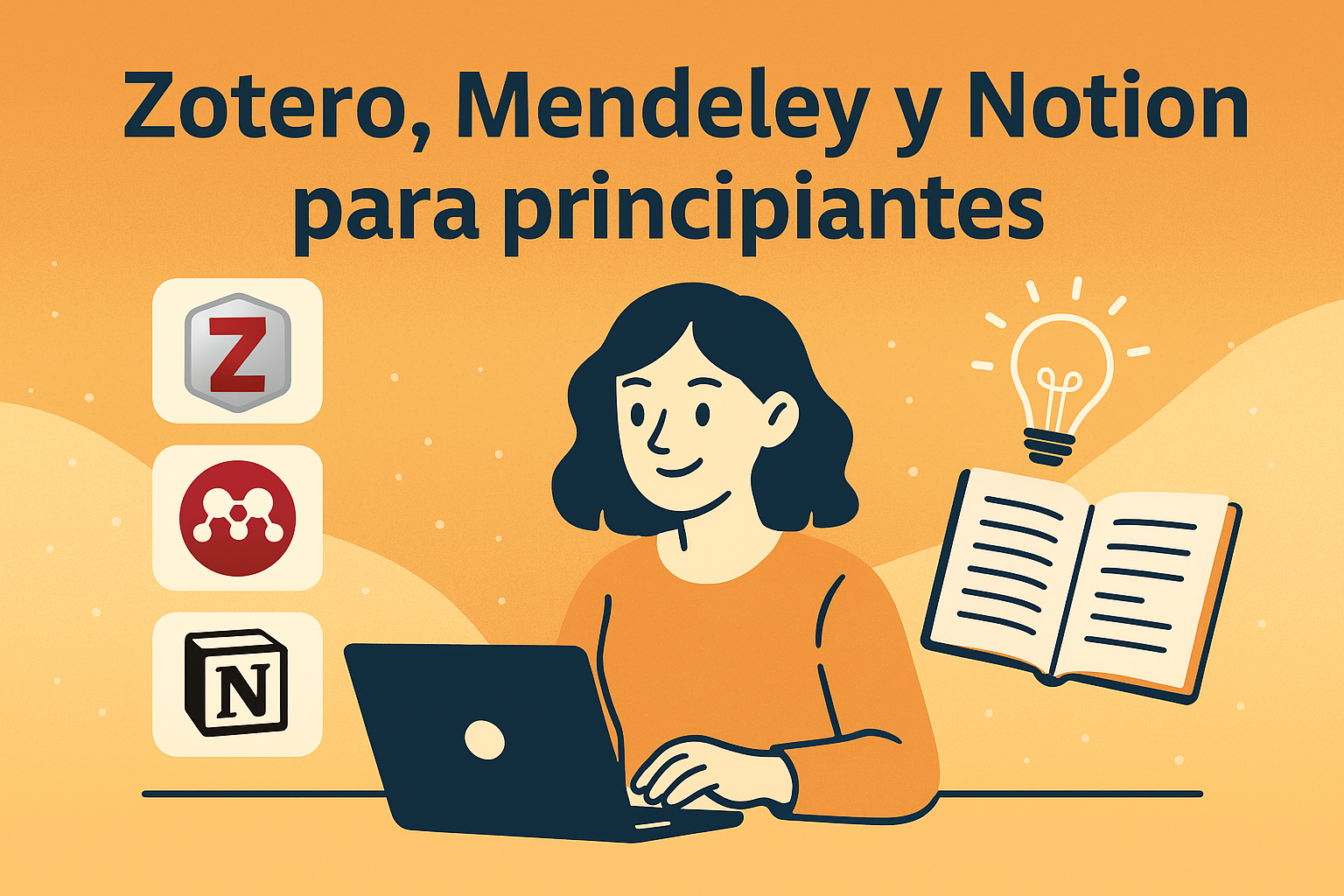 Estudiante frente a su computadora, explorando Zotero, Mendeley y Notion en pantallas separadas, con íconos y esquemas de organización visibles.