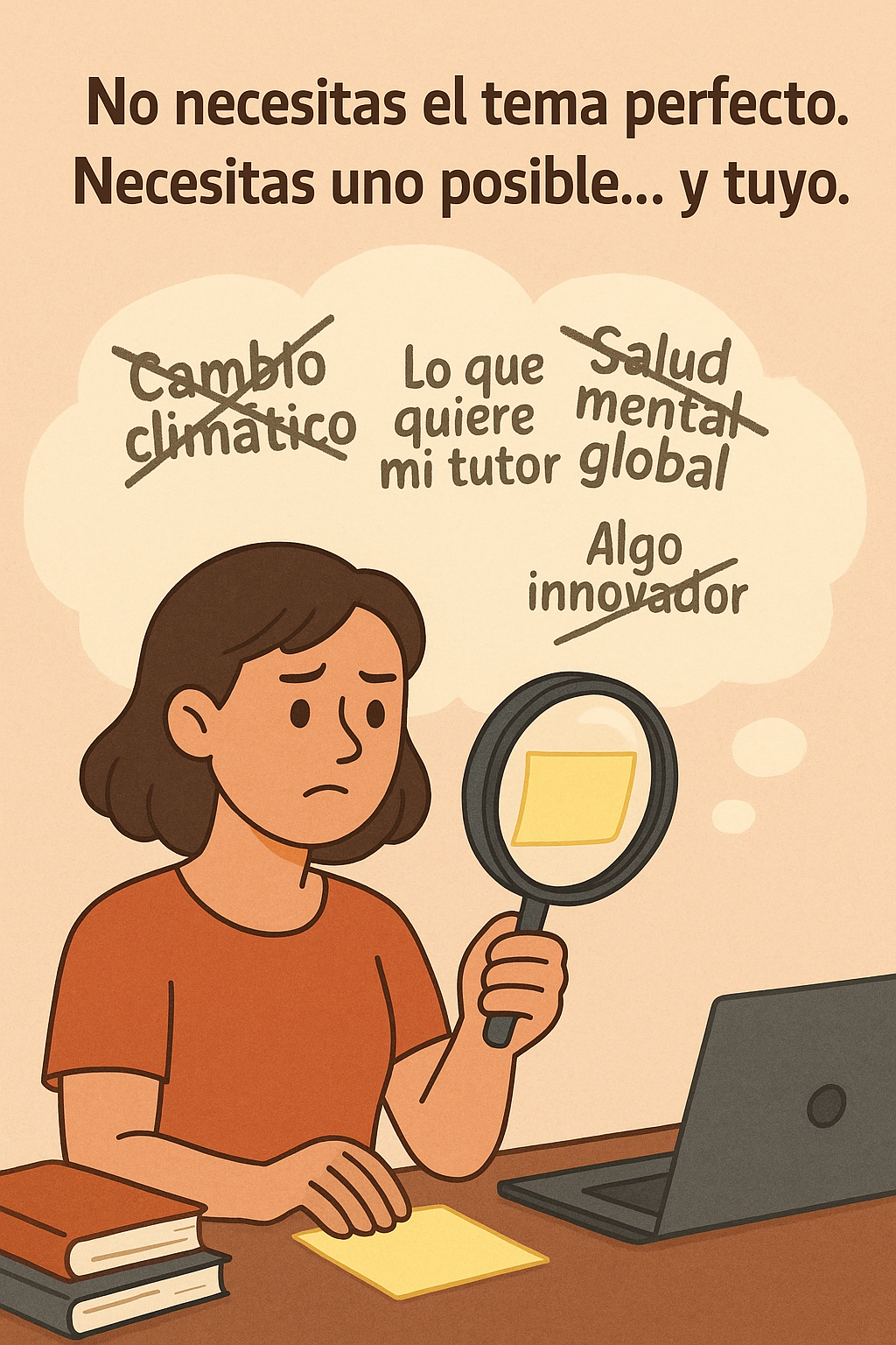 Estudiante observando una nota en blanco con lupa, mientras varios temas tachados flotan en el fondo como opciones descartadas.