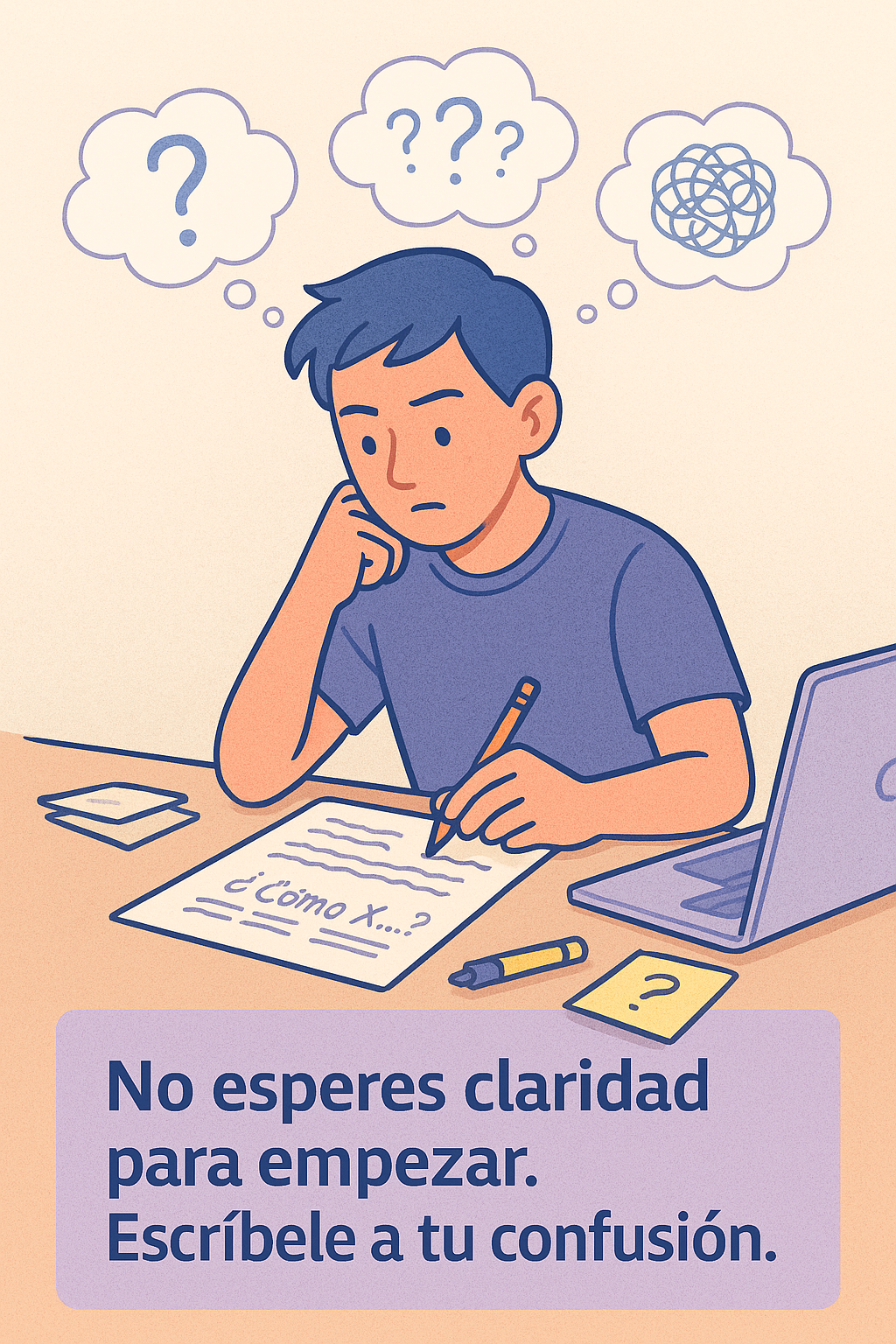 Estudiante escribiendo en medio de confusión, con burbujas de pensamiento que contienen signos de interrogación, mientras formula una pregunta de investigación.