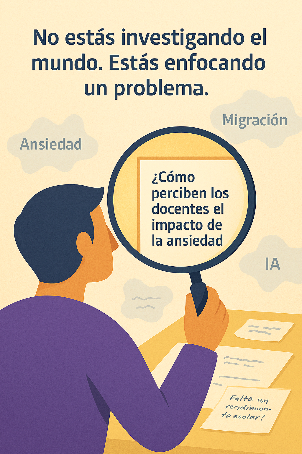 Estudiante usando una lupa para enfocar una pregunta concreta entre conceptos generales como “Ansiedad”, “Migración” e “IA”.