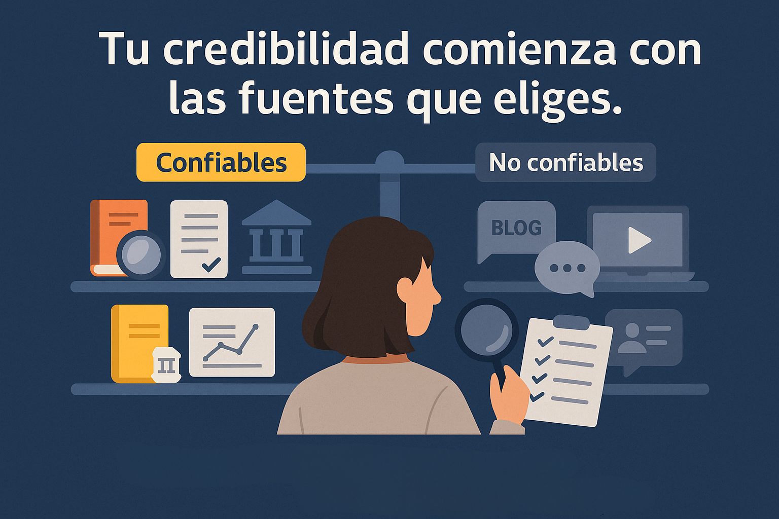 Estudiante evaluando fuentes con una balanza dividida entre materiales académicos confiables como artículos científicos y libros, y fuentes no confiables como blogs, videos sin evidencia y foros anónimos.